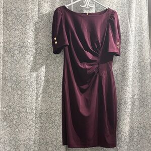 DKNY Burgundy Midi Dress with Gold Accents